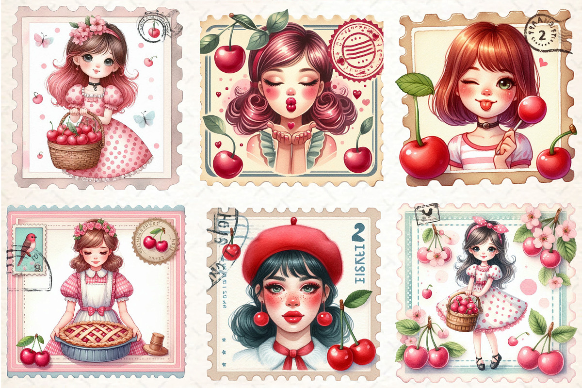 Cherry Girl Postage Stamps, an Illustration by DreamCafeArt (Photo 4 of 8)