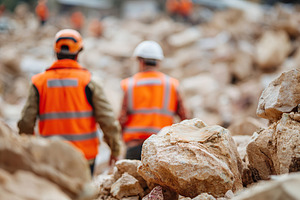Engineers assess broken roads while wearing reflective vests at a construction, a Photo by AlyaAnd