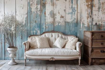 A Shabby Chic interior design style vintage white sofa with decorative pillows,, an Arts & Entertainment Photo by Textures & Backgrounds