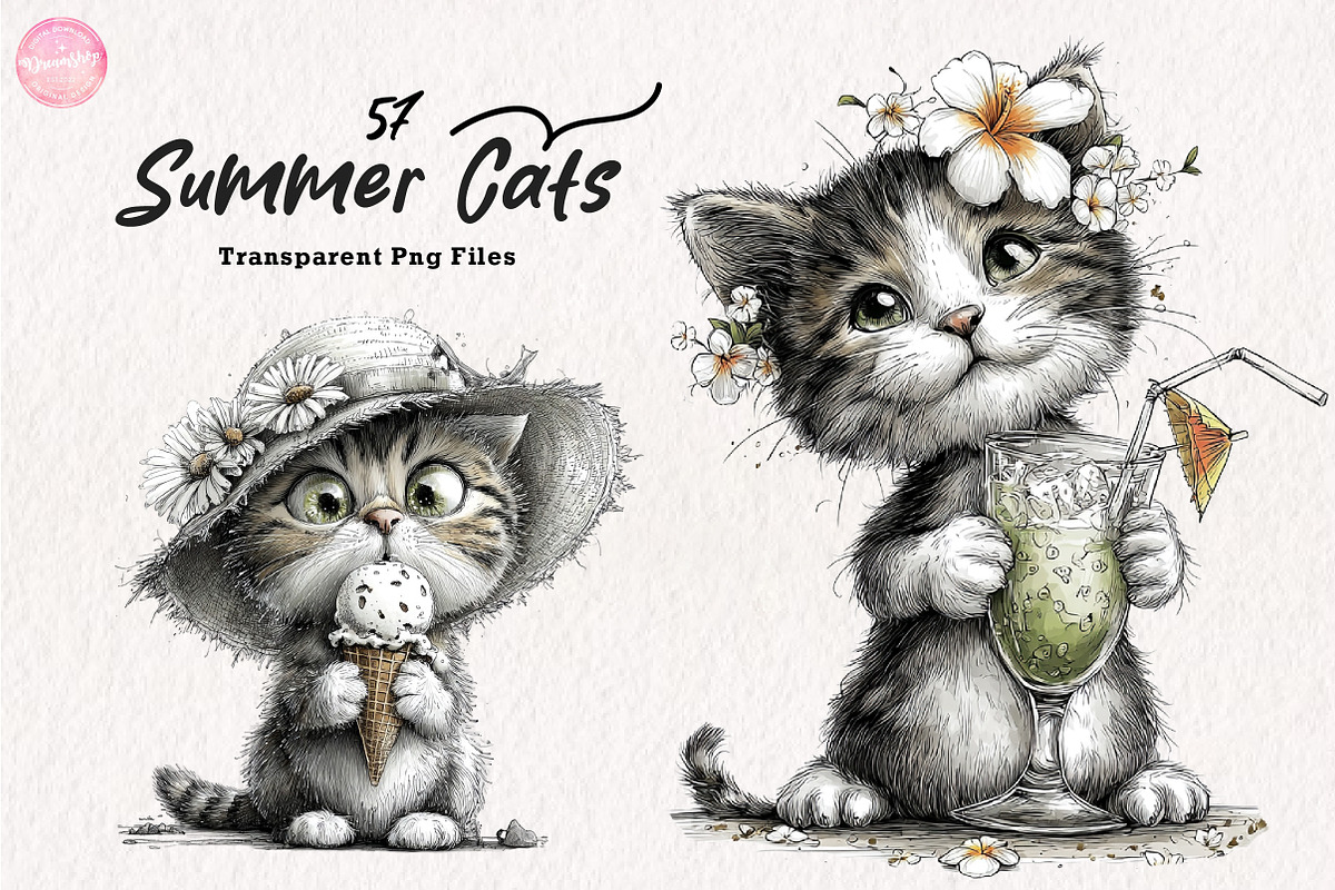 Whimsical Summer Cats Clipart, an Illustration by CreationArt (Photo 1 of 7)