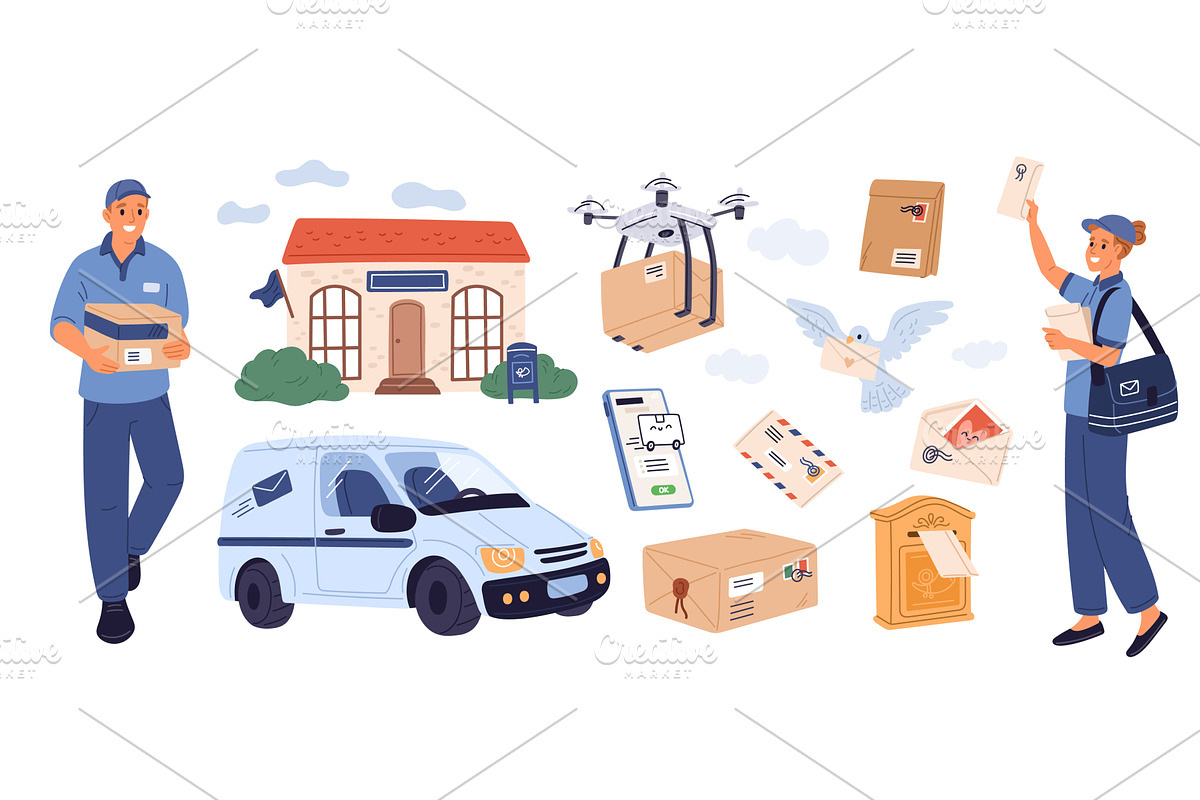Postal workers and items. Delivery, a Person Illustration by Vectorbuum