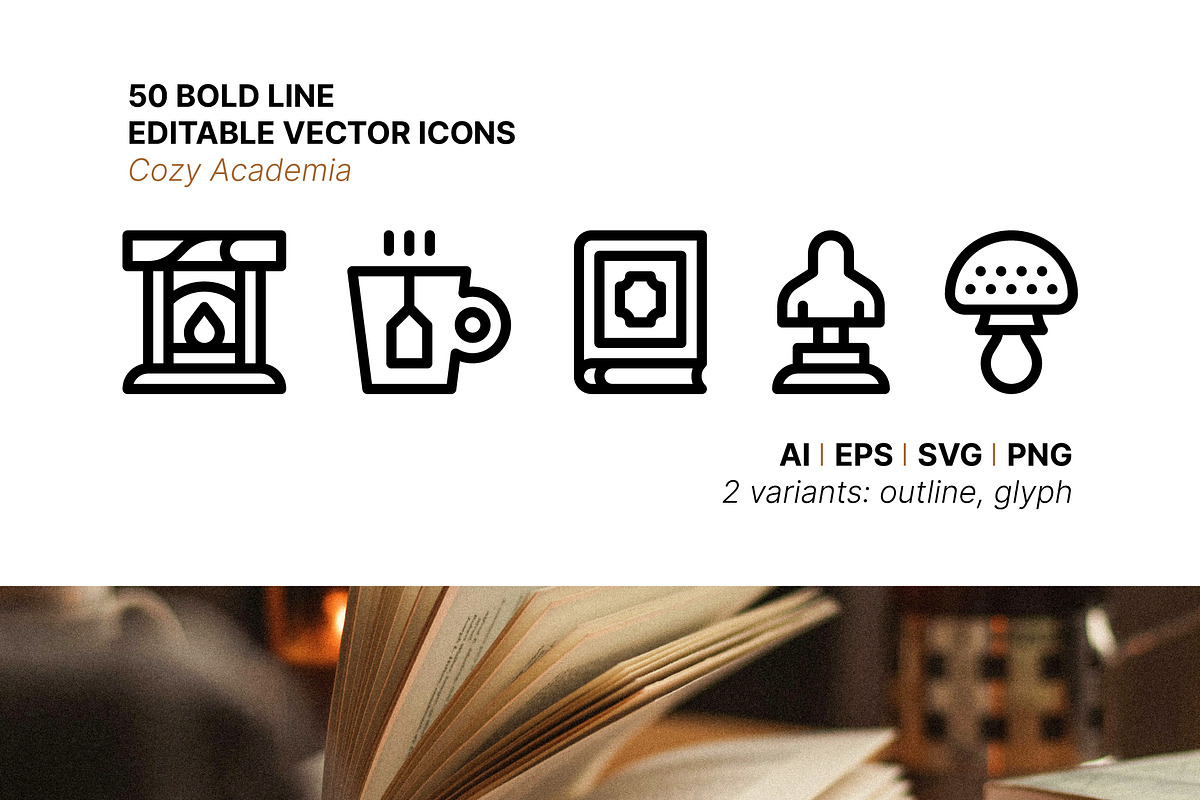 50 Cozy Academia Icons, an Outline Icon by Side Project (Photo 1 of 8)