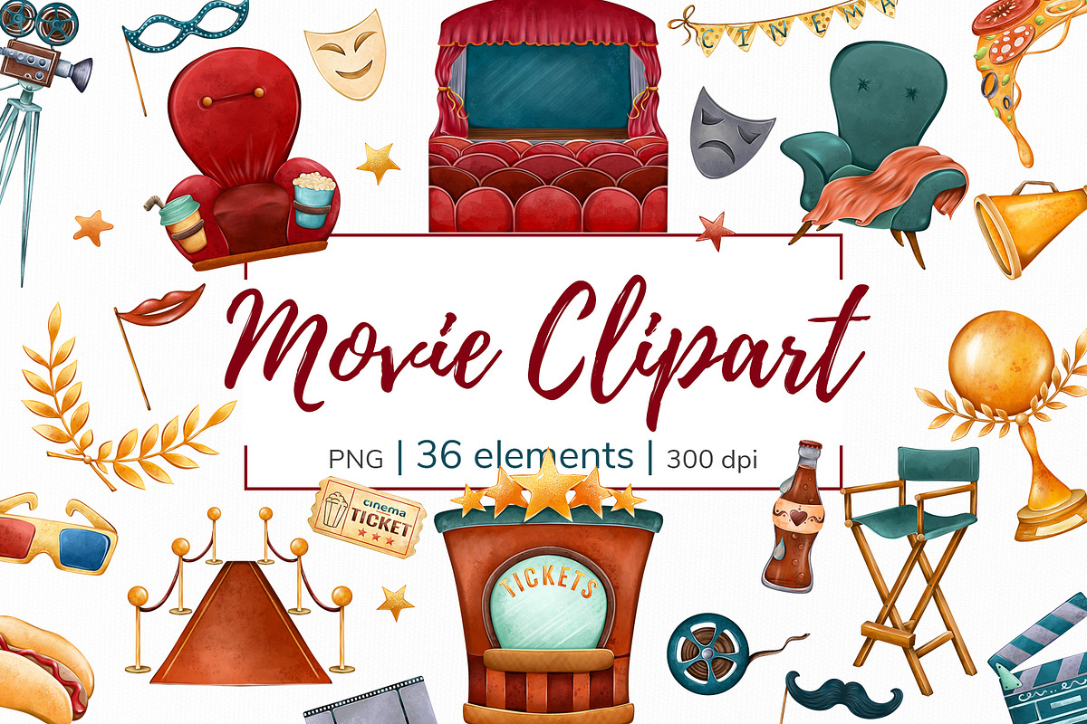 Watercolor Movie Clipart PNG Set (36, an Object Illustration by Mespilia (Photo 1 of 5)