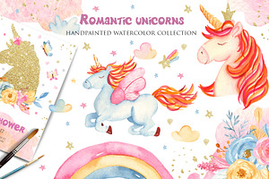 Romantic Unicorns. Watercolor.