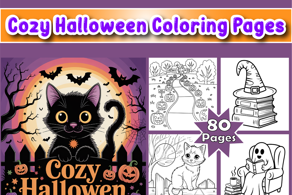 Cozy Halloween Kids Coloring Pages, a Seasonal Illustration by Printable Design Store (Photo 1 of 4)