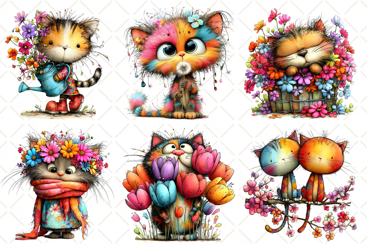 Whimsical Spring Cat Clipart, an Illustration by Black Bird Studio (Photo 4 of 5)