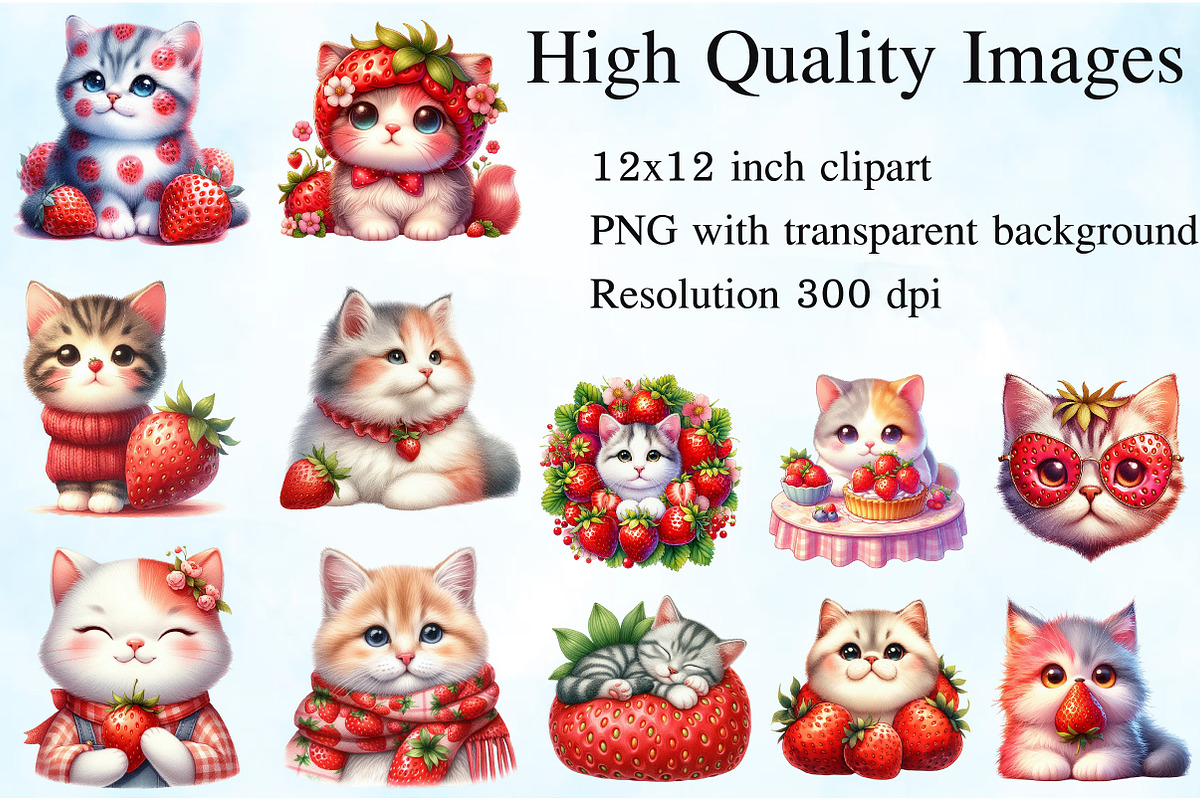 Strawberry Cat Clipart Sublimation, an Illustration by Craft Nest (Photo 2 of 5)