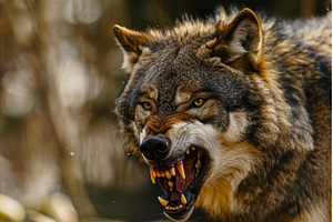 Eurasian wolf showing teeth and, an Animal Photo by Ylivdesign