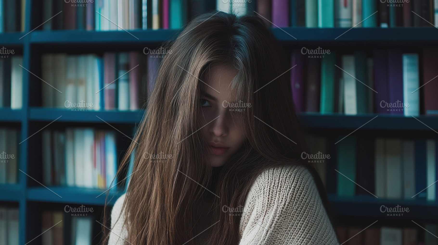 Thoughtful young woman in library, a Photo by Beautiful things
