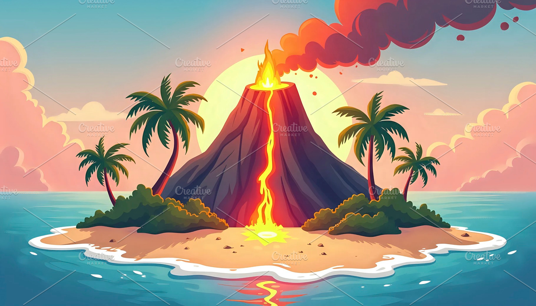 Volcano Island With Lava Flow And Be, a Photo by LOGOCREATIVE