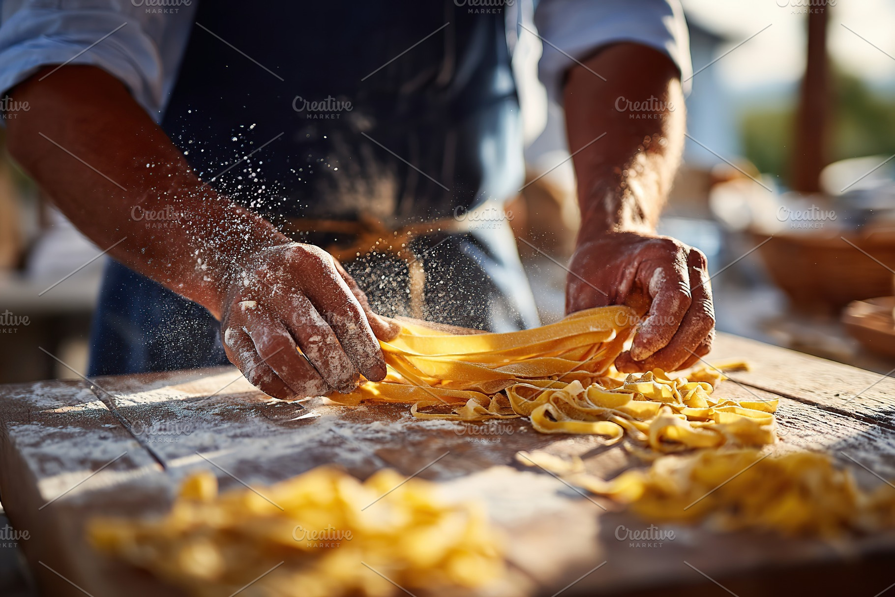 Fettuccine pasta being carefully rolled and cut outdoors on a wooden surface, a Photo by AlyaAnd