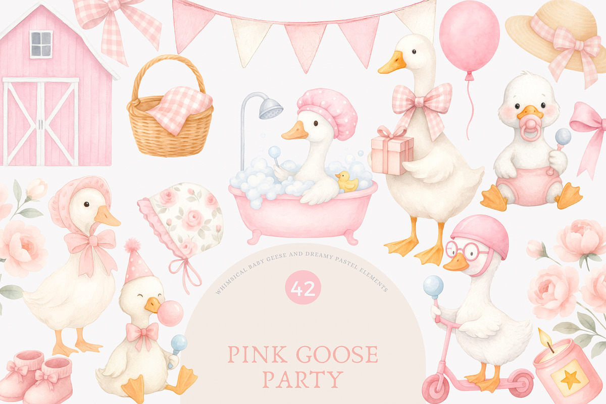 Watercolor Pink Goose Clipart, an Illustration by Pink Studio Art (Photo 1 of 8)