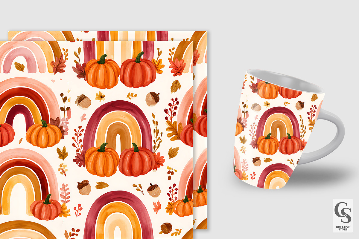 Fall Rainbow & Pumpkin Digital Paper, a Pattern Graphic by Creative Store (Photo 3 of 5)