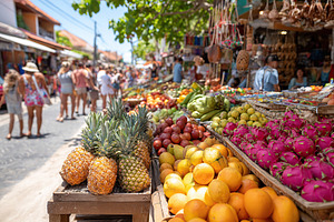 Colorful tropical market bustling with vendors and fresh produce in the afterno, a Food & Drink Photo by AlyaAnd
