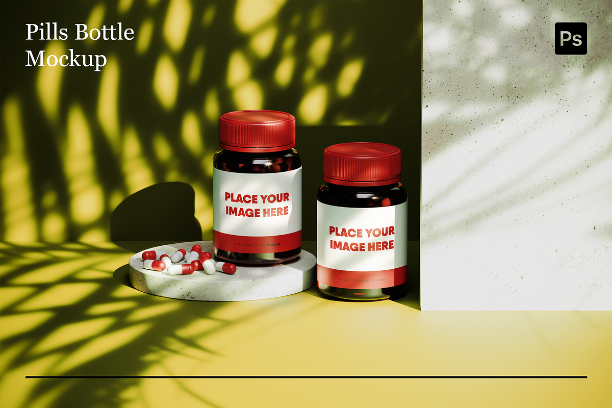Amber Pills Bottle Mockups, a Packaging Mockup by Xtrahive (Photo 3 of 4)