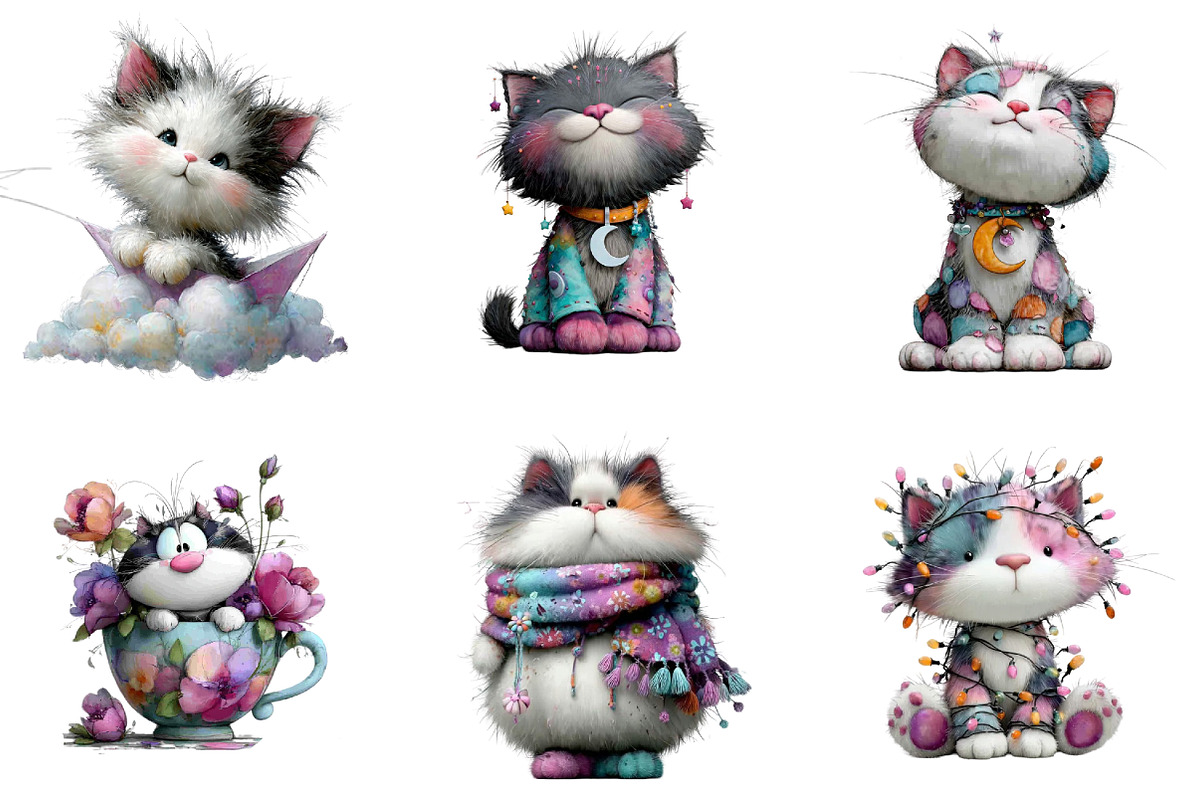 Watercolor Whimsical Cat Clipart, an Illustration by DreamArtGraphic (Photo 2 of 5)