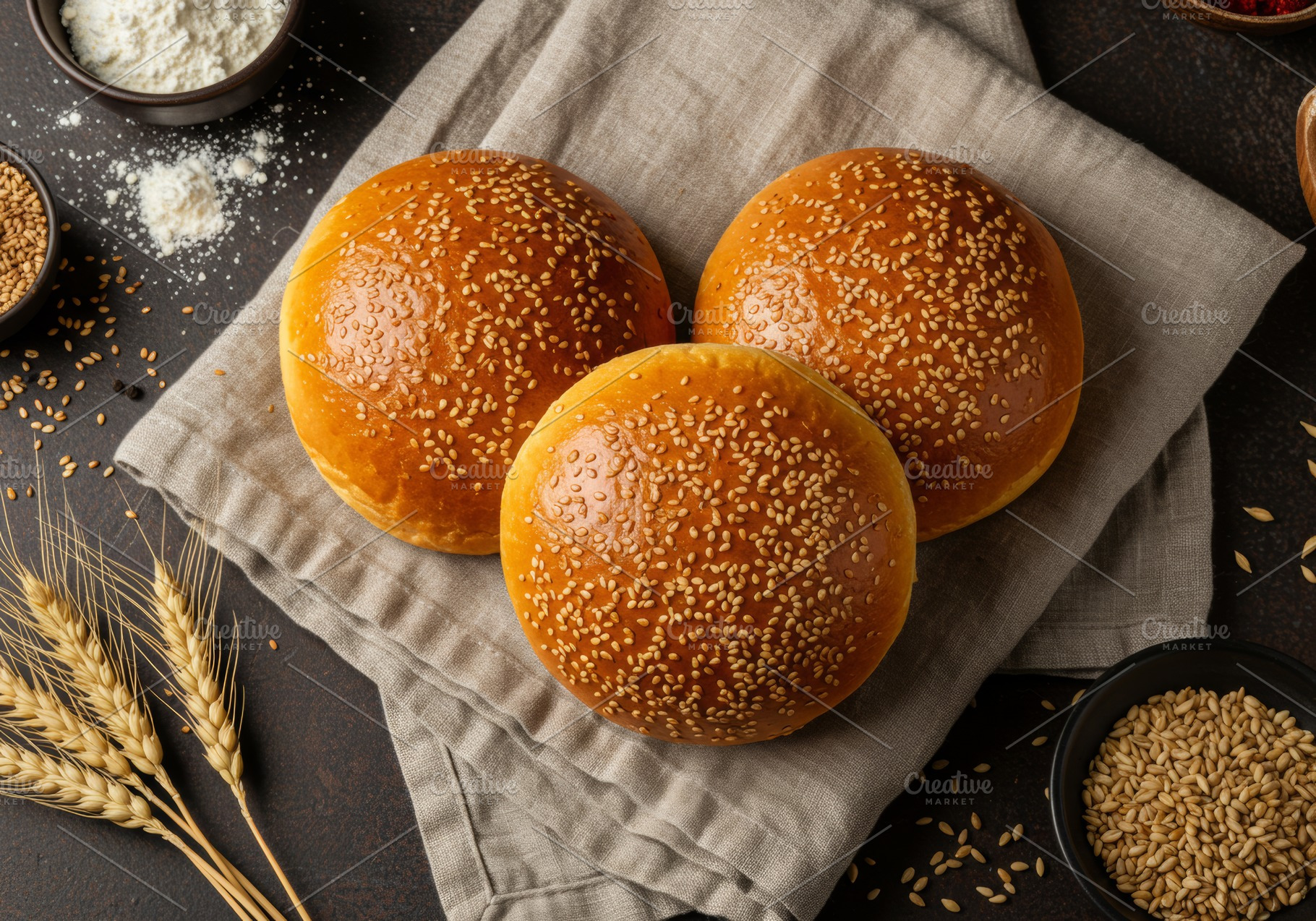 Three golden sesame seed burger buns, a Food & Drink Photo by professorinc