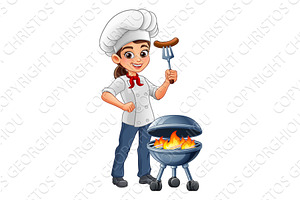 Cartoon Chef Woman BBQ Grilling, a Food Illustration by Christos Georghiou