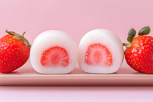 Strawberry mochi dessert on pink plate, a Food & Drink Photo by Photostock