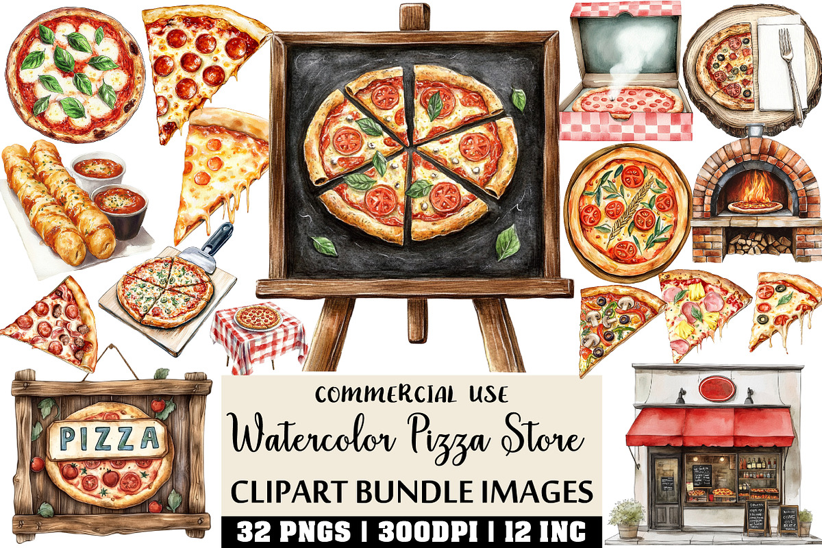 Watercolor Pizza Store Clipart, an Illustration by Craft Nest (Photo 1 of 6)