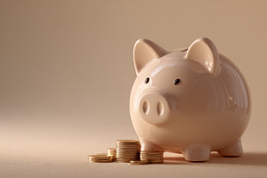 Piggy bank with coins on a table, a Photo by Beautiful things