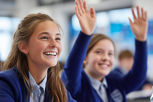 Two smiling schoolgirls in uniforms, a School & Education Photo by MistyDay