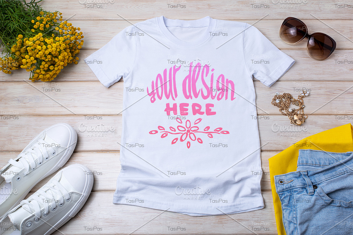 T-shirt mockup with yellow flowers., a Print Template by TasiPas (Photo 2 of 4)