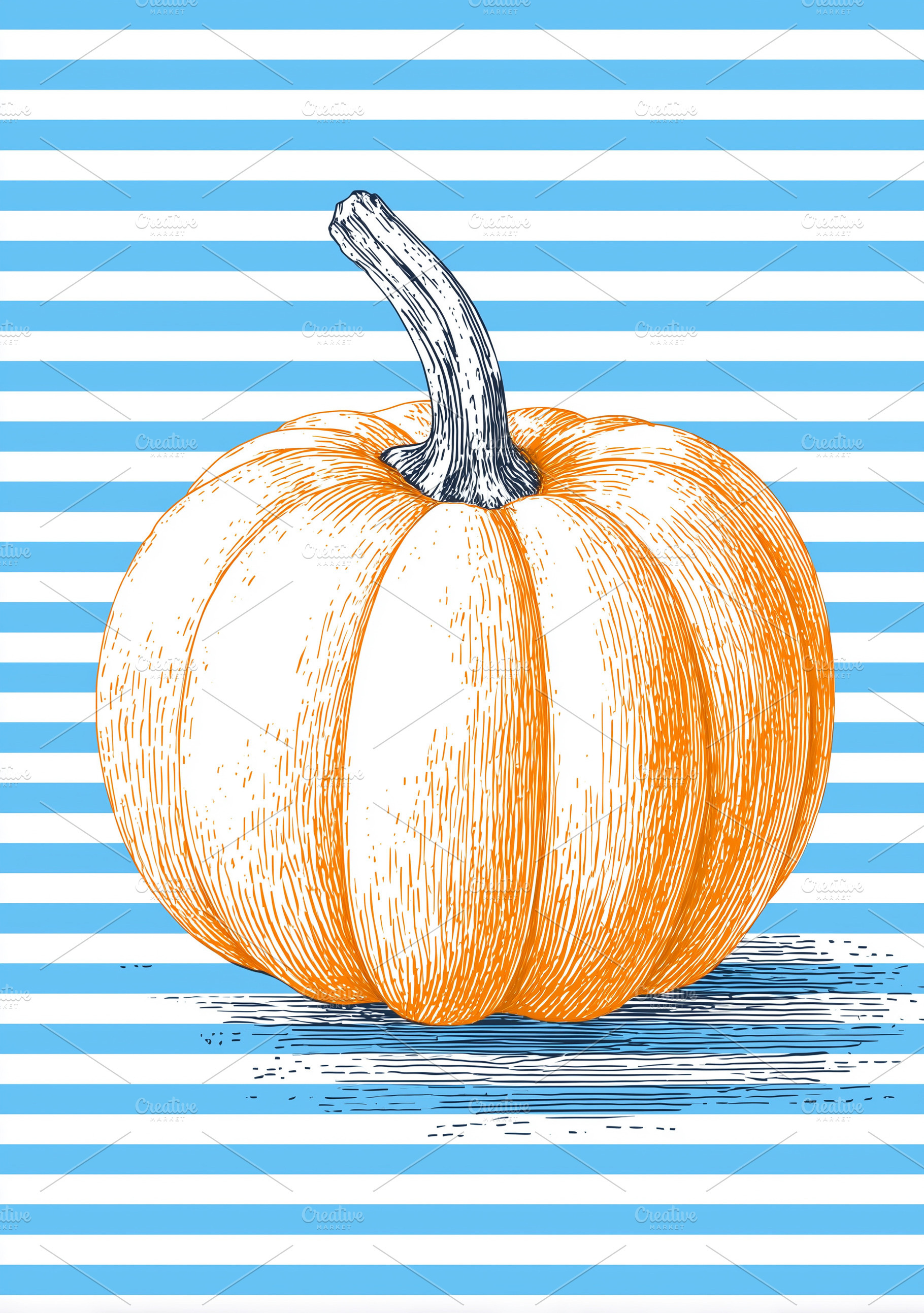 Hand drawn orange pumpkin on a blue, a Food & Drink Photo by MistyDay