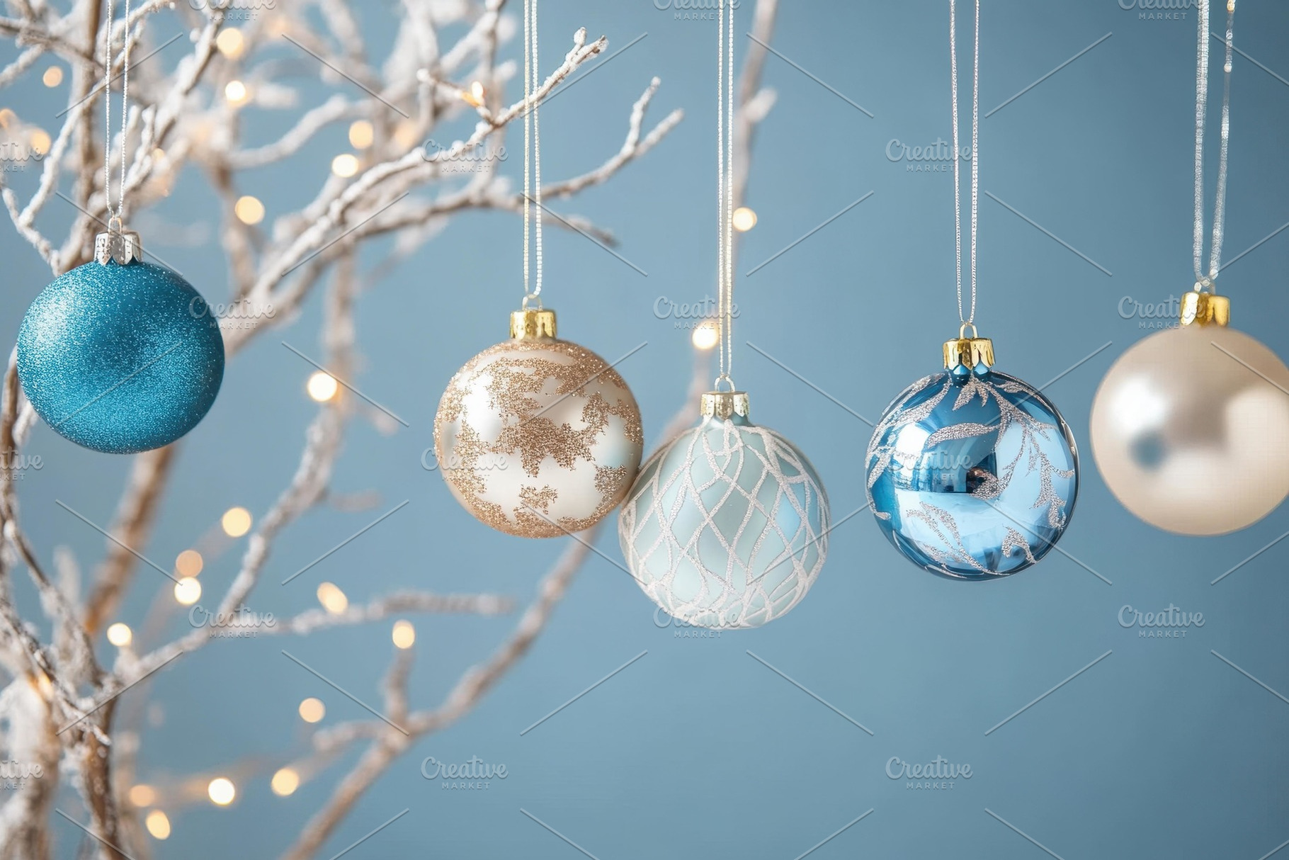 Elegant holiday ornaments hanging on, a Photo by Tanuart