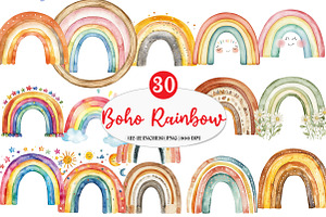 Boho Rainbow Watercolor Clipart, an Illustration by Watercolor design
