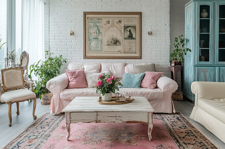 A cozy Shabby Chic interior design style living room featuring a light-colored, an Arts & Entertainment Photo by Textures & Backgrounds