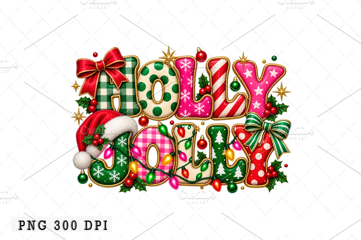 Holly Jolly PNG, Retro Christmas PNG, a Seasonal Illustration by Watercolor design (Photo 1 of 3)