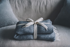 Cozy wool blanket present with ribbon bow sitting on sofa, repre, a Photo by Studio ANNA