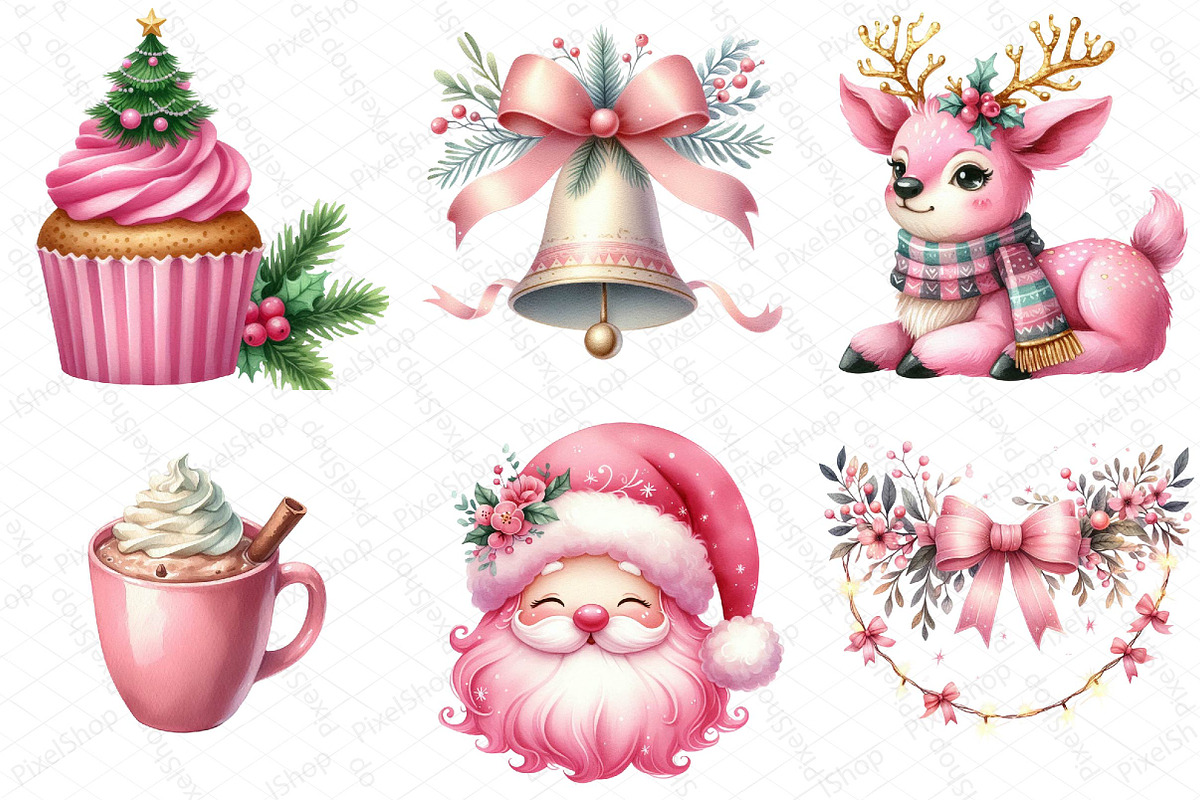 Watercolor Pink Christmas Clipart, an Illustration by DreamPrint404 (Photo 3 of 6)