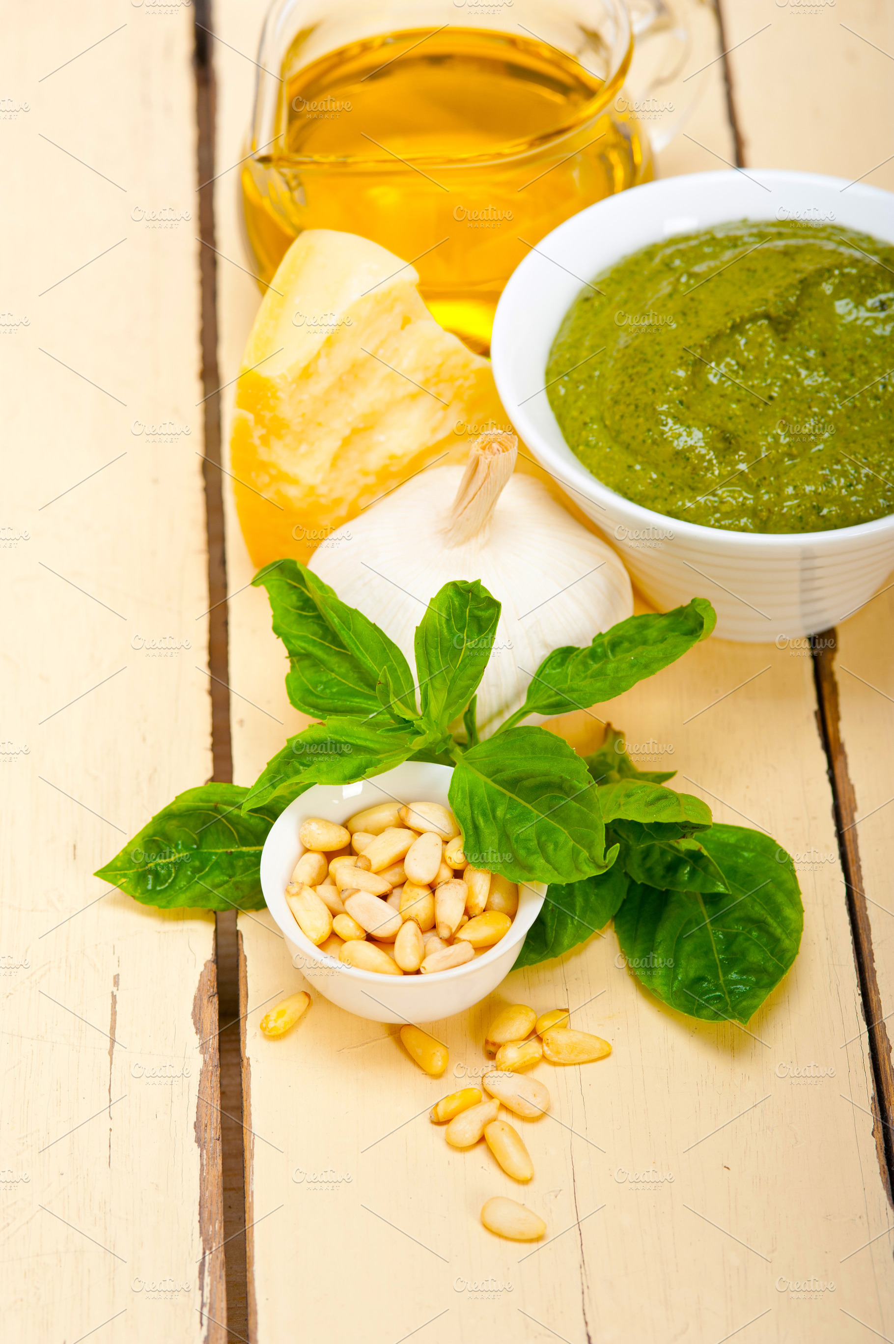 Italian basil pesto sauce ingredients, a Food & Drink Photo by keko64
