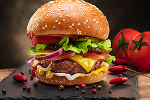 Hamburger on a board, a Food & Drink Photo by Volff