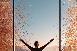 Person stretches peacefully in front of large windows with falling leaves at su, a Photo by AlyaAnd