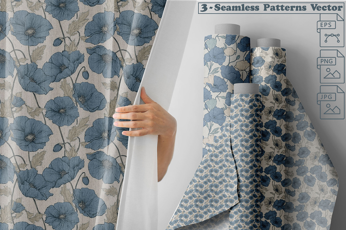 Soft Blue Poppy Flower Patterns, a Pattern Graphic by one-touch