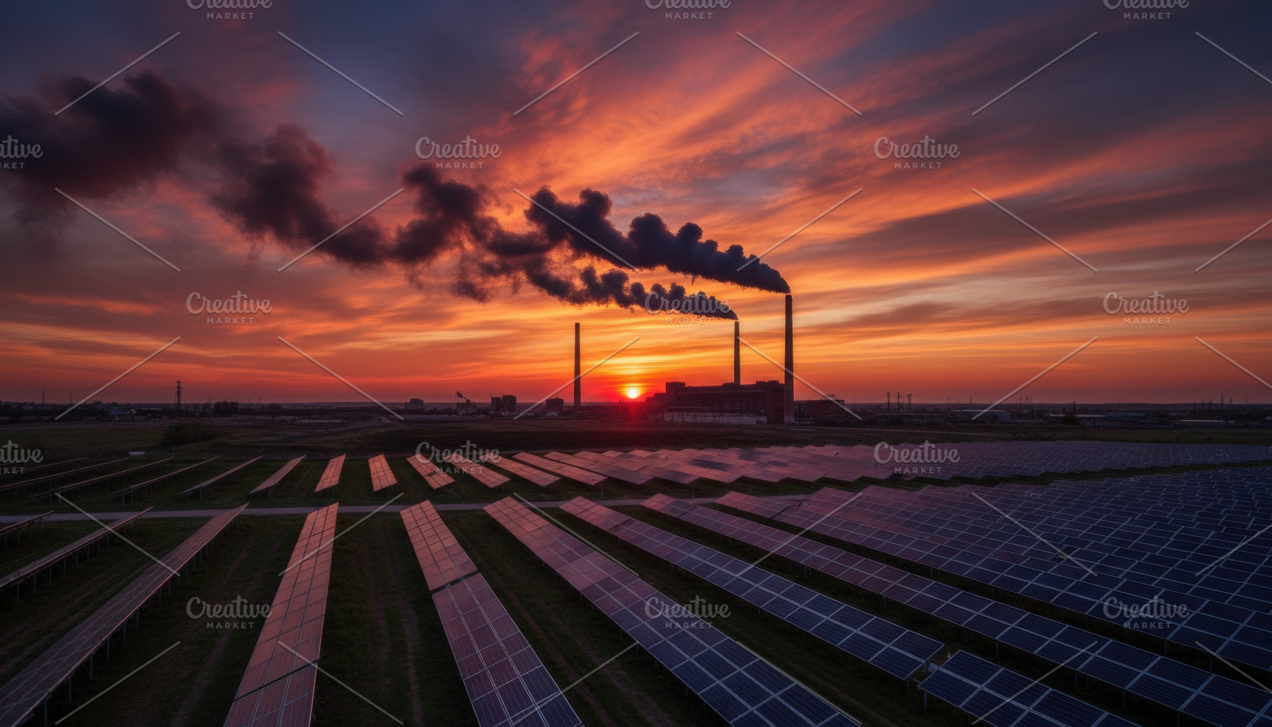 Solar panel farm and industrial power plant at sunset, an Industrial Photo by Igor Tichonow