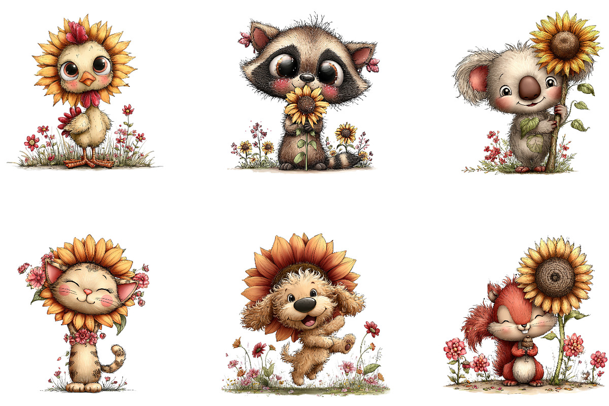 Summer Funny Sunflower Animals, a Seasonal Illustration by CreationArt (Photo 5 of 5)