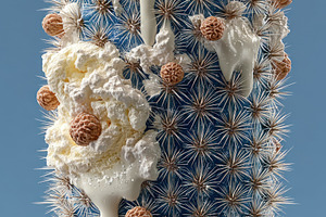 Surreal cactus shaped like ice cream popsicle with whipped cream, a Photo by José Manuel Gelpi