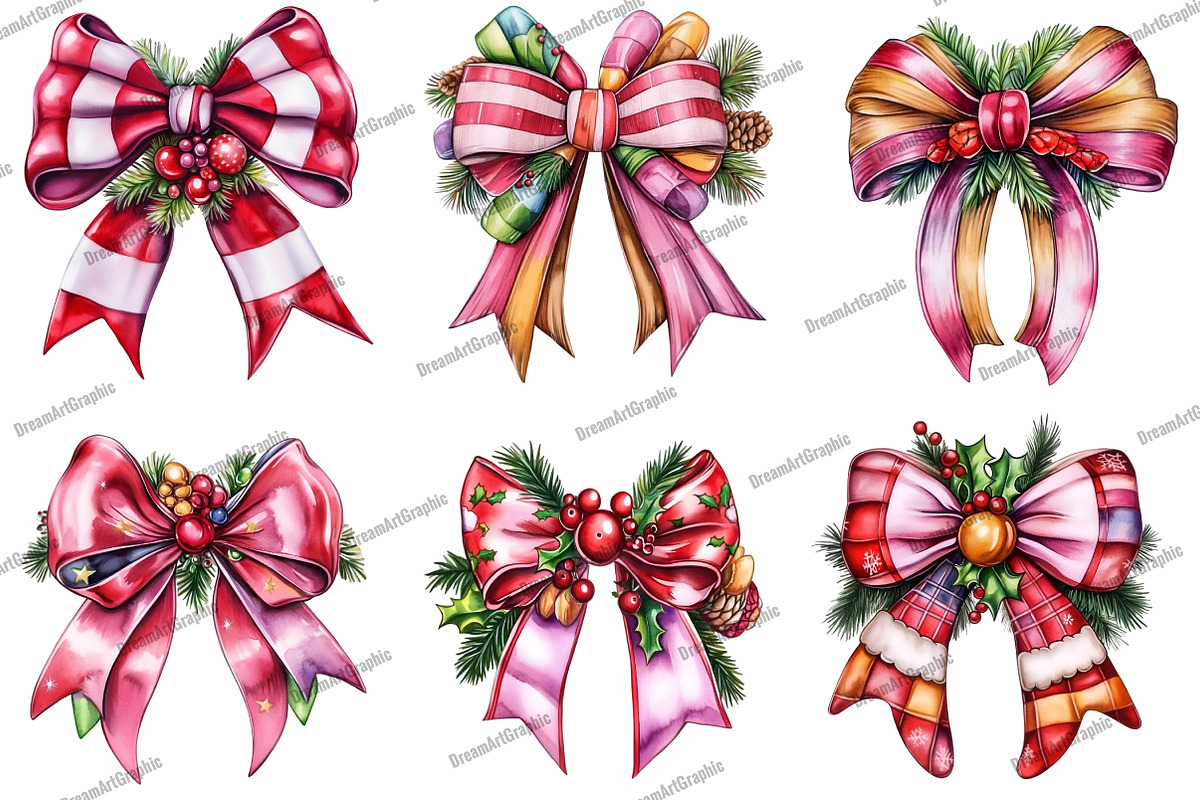 Whimsical Christmas Bow Clipart, an Illustration by DreamArtGraphic (Photo 4 of 5)