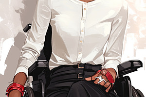 Confident young woman in a wheelchair wearing elegant clothing and accessories, a Photo by AS photostudio