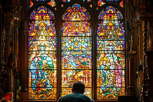 A person kneeling in front of a large, colorful stained glass window inside a c, a Person Photo by Textures & Backgrounds
