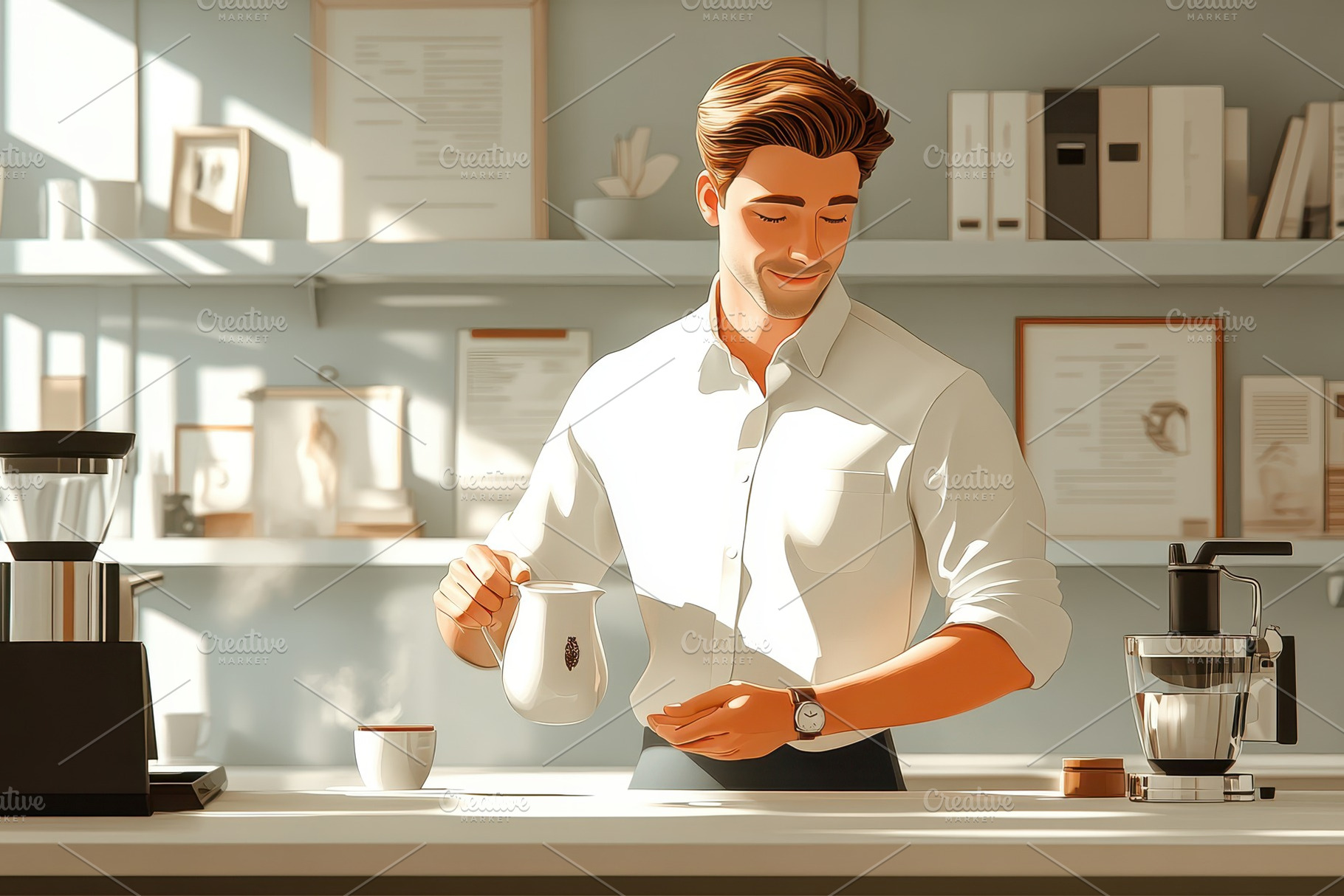 Barista prepares coffee in a bright,, a Photo by Tanuart