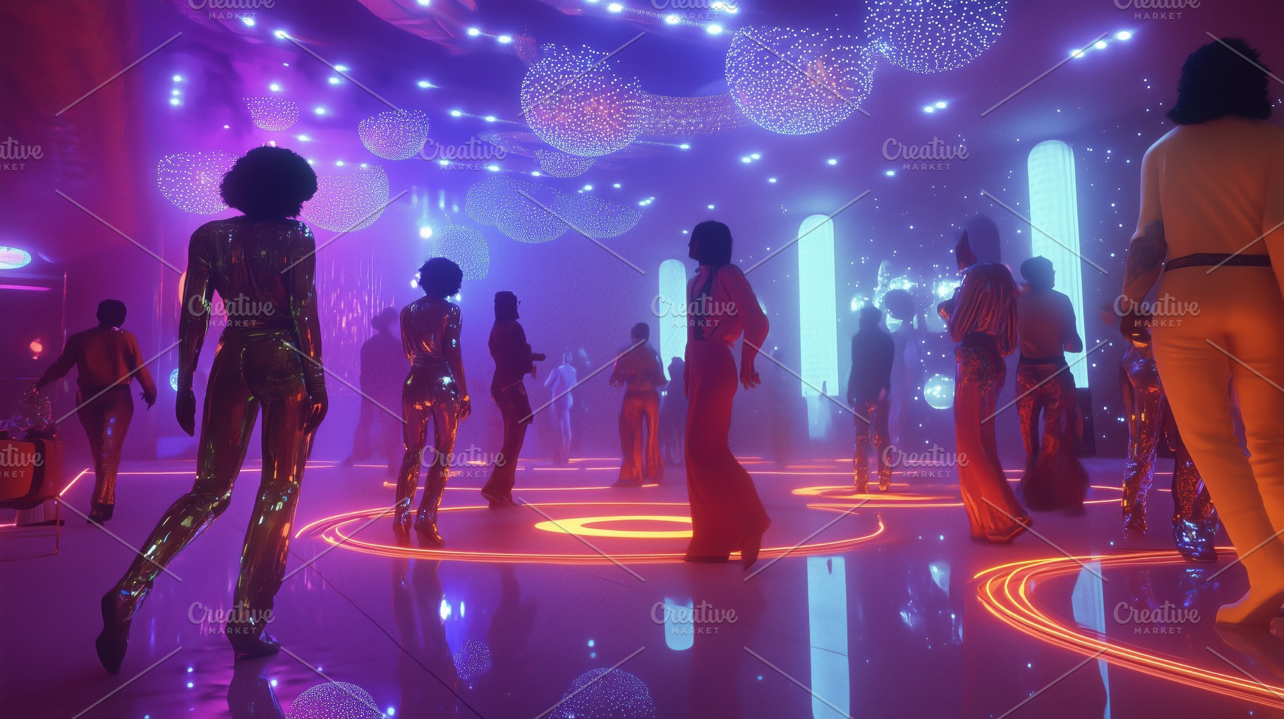A vibrant disco scene with people dancing under colorful lights. The atmosphere, an Arts & Entertainment Photo by Textures & Backgrounds