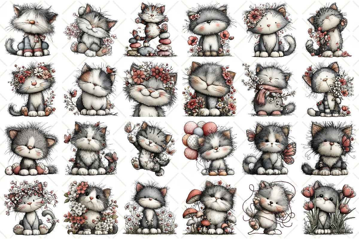 Whimsical Silver Spring Cat Clipart, an Illustration by Black Bird Studio (Photo 2 of 5)