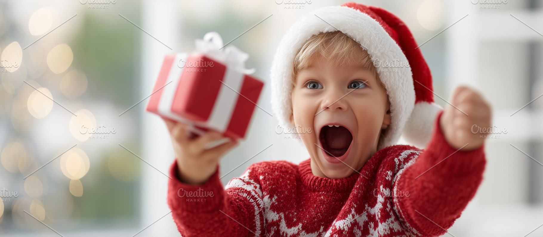 Joyful child in a Santa hat excited, a Holiday Photo by MistyDay