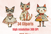 Whimsical Cat Mixed Media Clipart, a Background Graphic by GiraffeCreative (Thumbnail 6 of 9)