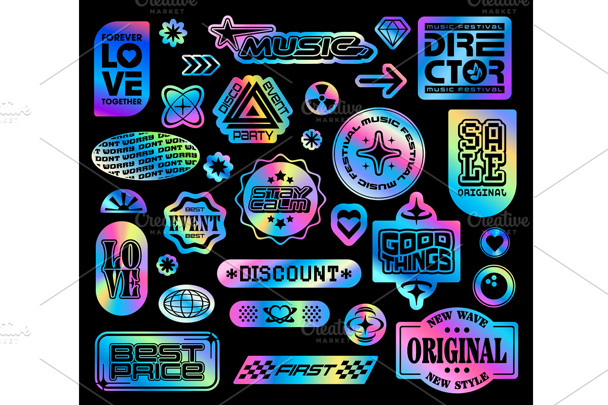 Hologram iridescent y2k stickers, an Object Illustration by Vector Tradition